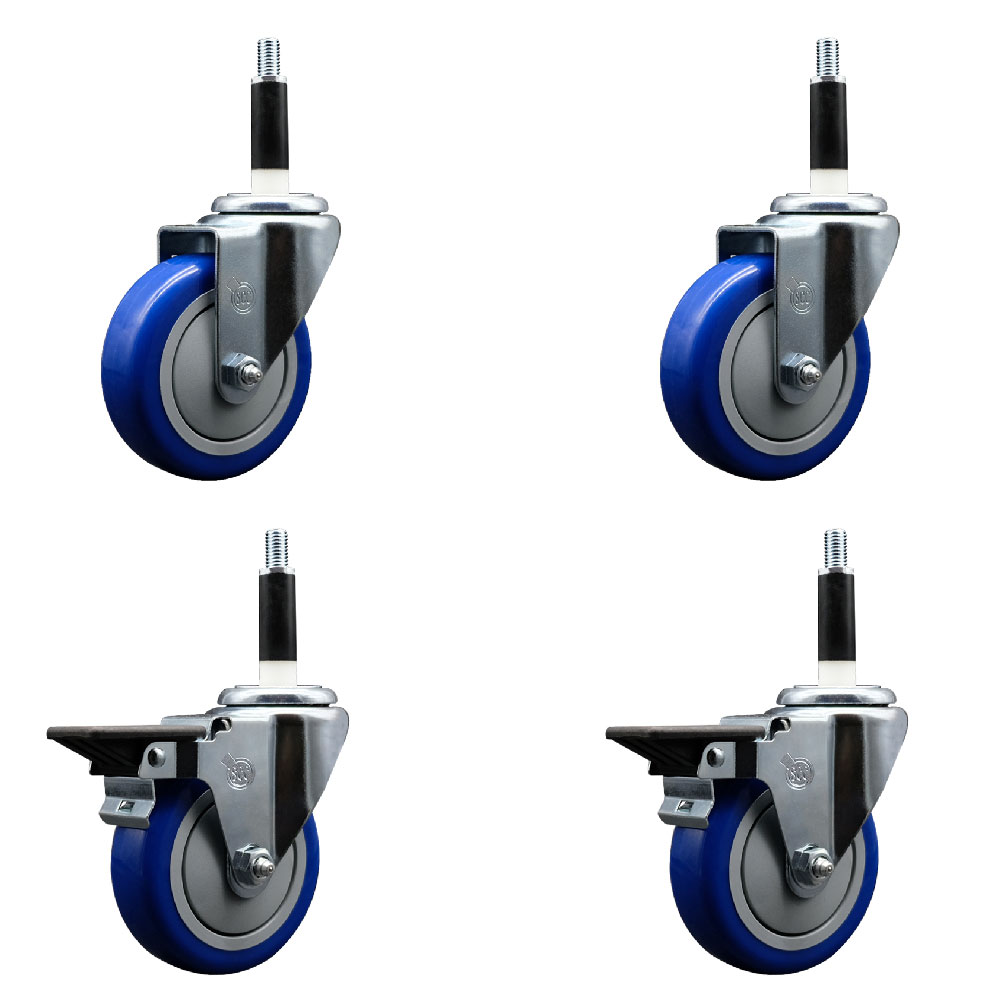 Polyurethane Swivel Expanding Stem Caster Set of 4 with 4 Inch Blue Wheels and 7/8" Stems - Includes 2 with Posi Locking Brakes - 1400 lbs Total Capacity - Service Caster Brand — photo 1
