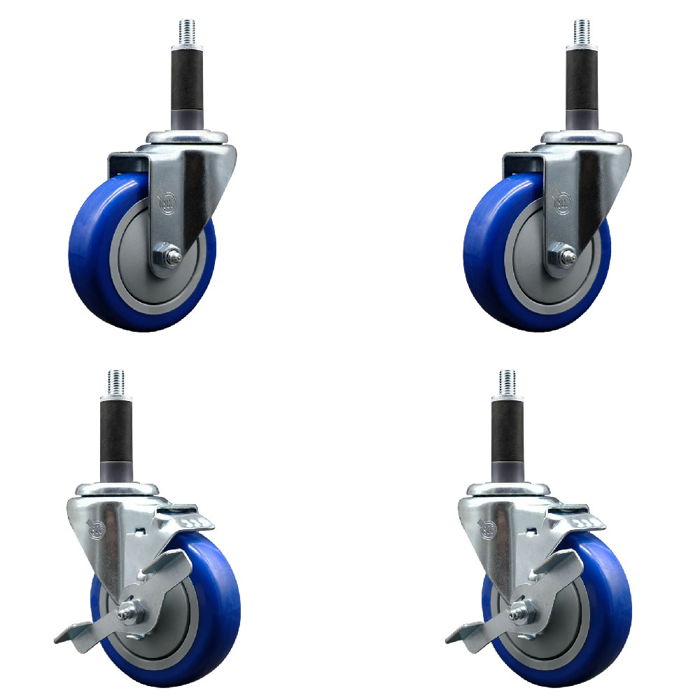 Polyurethane Swivel Expanding Stem Caster Set of 4 with 4 Inch Blue Wheels and 1" Stems - Includes 2 with Top Locking Brakes - 1400 lbs Total Capacity - Service Caster Brand — photo 1