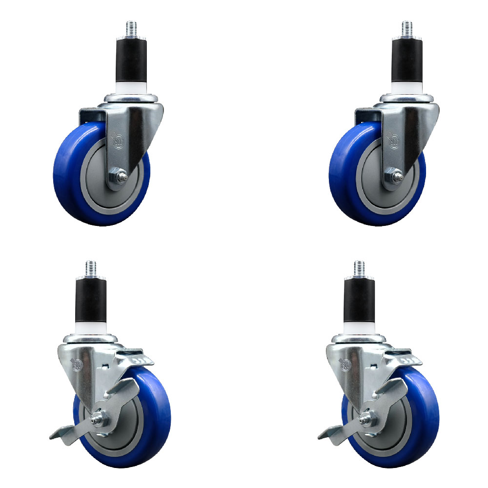 Stainless Steel Polyurethane Swivel Expanding Stem Caster Set of 4 with 4 Inch Blue Wheels and 1-1/2" Stems - Includes 2 with Top Locking Brakes - 1400 lbs Total Capacity - Service Caster Brand — photo 1