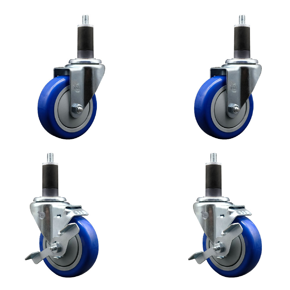 Polyurethane Swivel Expanding Stem Caster Set of 4 with 4 Inch Blue Wheels and 1-1/4" Stems - Includes 2 with Top Locking Brakes - 1400 lbs Total Capacity - Service Caster Brand — photo 1