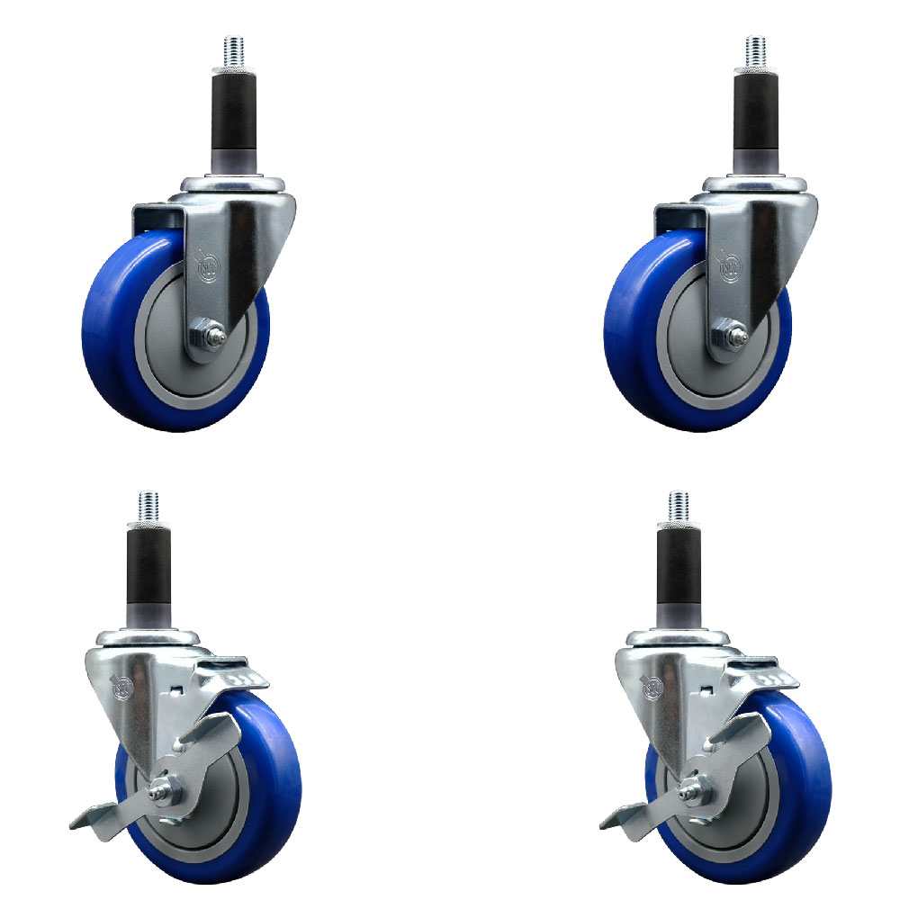 Stainless Steel Polyurethane Swivel Expanding Stem Caster Set of 4 with 4 Inch Blue Wheels and 1-1/8" Stems - Includes 2 with Top Locking Brakes - 1400 lbs Total Capacity - Service Caster Brand — photo 1