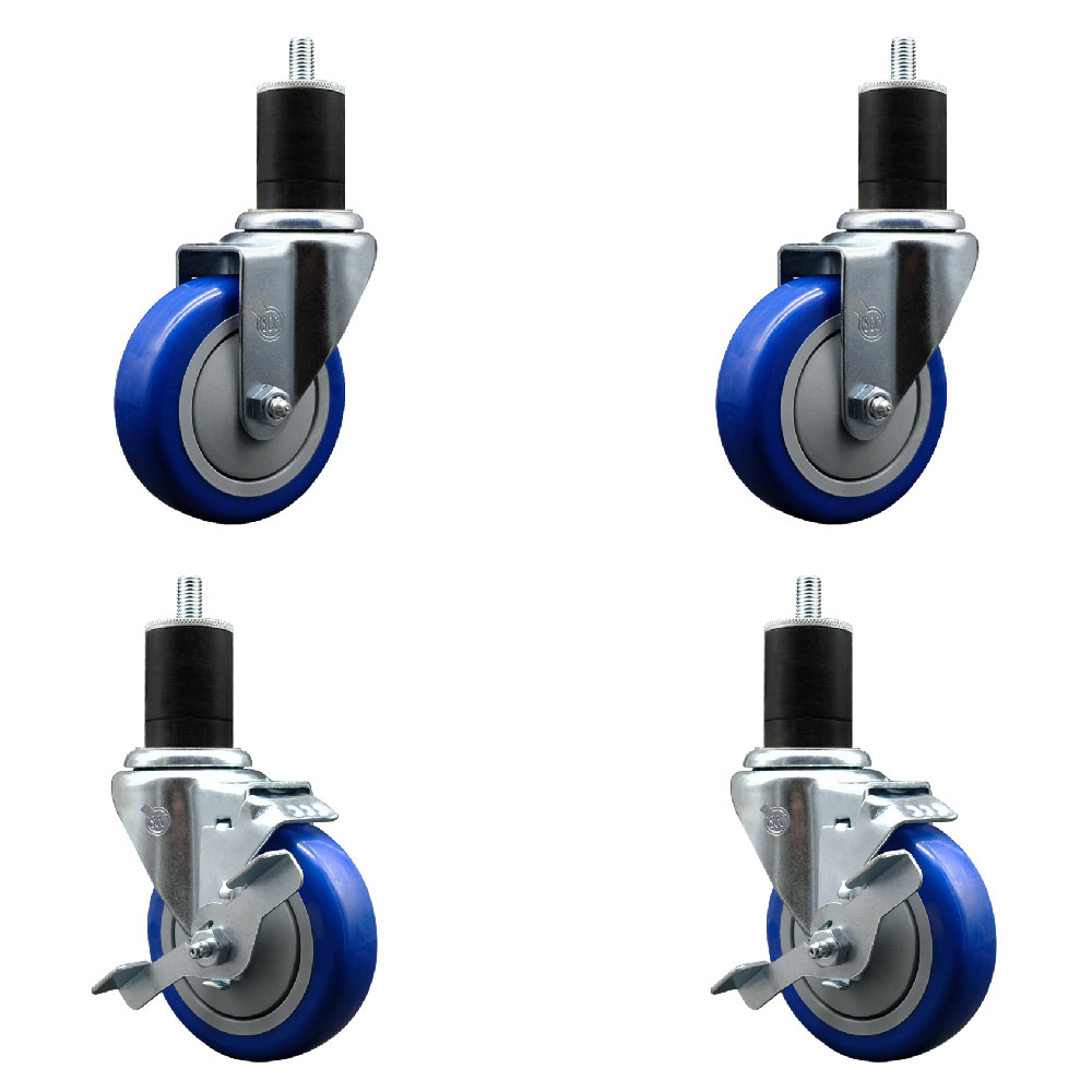 Stainless Steel Polyurethane Swivel Expanding Stem Caster Set of 4 with 4 Inch Blue Wheels and 1-3/4" Stems - Includes 2 with Top Locking Brakes - 1400 lbs Total Capacity - Service Caster Brand — photo 1