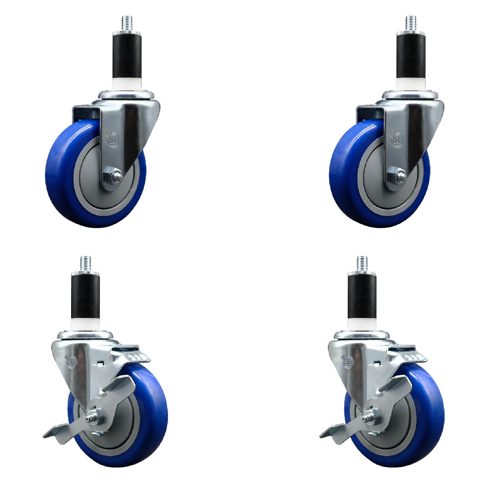 Stainless Steel Polyurethane Swivel Expanding Stem Caster Set of 4 with 4 Inch Blue Wheels and 1-3/8" Stems - Includes 2 with Top Locking Brakes - 1400 lbs Total Capacity - Service Caster Brand — photo 1