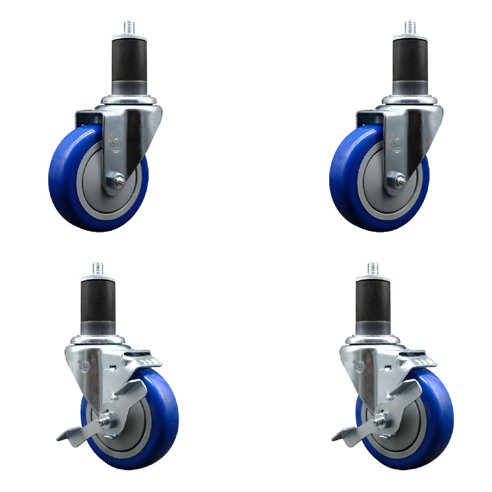 Stainless Steel Polyurethane Swivel Expanding Stem Caster Set of 4 with 4 Inch Blue Wheels and 1-5/8" Stems - Includes 2 with Top Locking Brakes - 1400 lbs Total Capacity - Service Caster Brand — photo 1