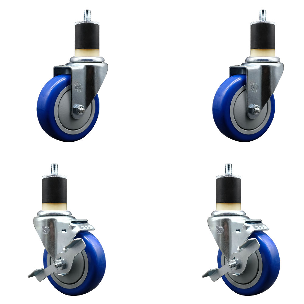 Stainless Steel Polyurethane Swivel Expanding Stem Caster Set of 4 with 4 Inch Blue Wheels and 1-7/8" Stems - Includes 2 with Top Locking Brakes - 1400 lbs Total Capacity - Service Caster Brand — photo 1