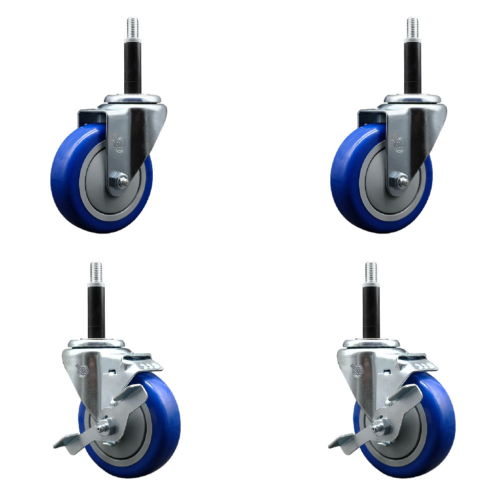 Stainless Steel Polyurethane Swivel Expanding Stem Caster Set of 4 with 4 Inch Blue Wheels and 3/4" Stems - Includes 2 with Top Locking Brakes - 1400 lbs Total Capacity - Service Caster Brand — photo 1