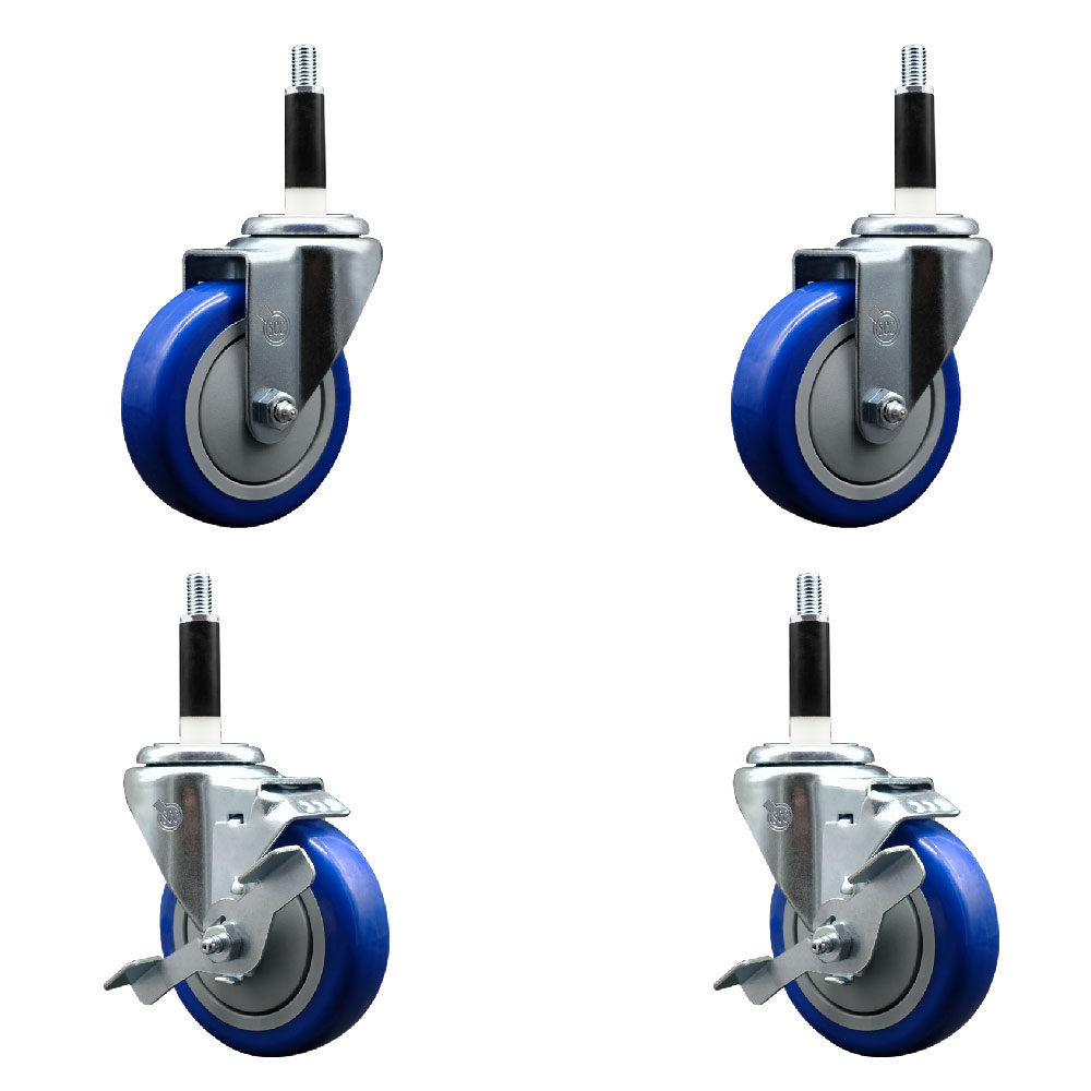 Stainless Steel Polyurethane Swivel Expanding Stem Caster Set of 4 with 4 Inch Blue Wheels and 7/8" Stems - Includes 2 with Top Locking Brakes - 1400 lbs Total Capacity - Service Caster Brand — photo 1