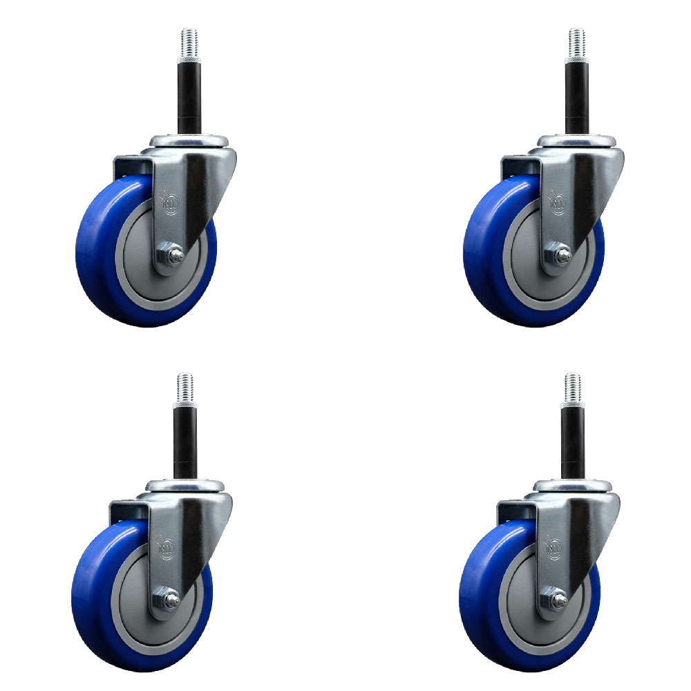 Stainless Steel Polyurethane Swivel Expanding Stem Caster Set of 4 with 4 Inch Blue Wheels and 3/4" Stems - Includes 4 Swivel - 350 lbs. Capacity Per Caster - Service Caster Brand — photo 1