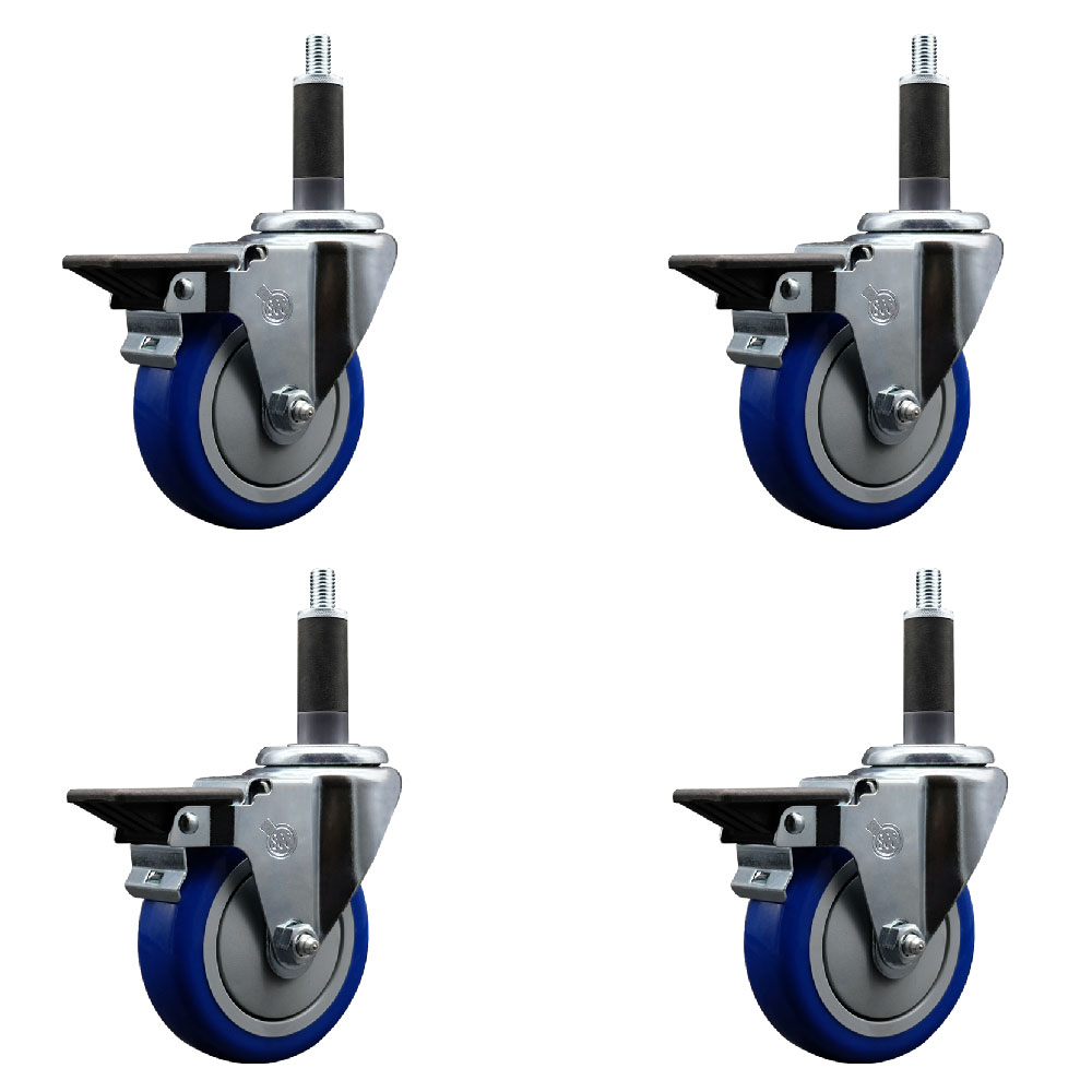 Polyurethane Swivel Expanding Stem Caster Set of 4 with 4 Inch Blue Wheels and 1" Stems - Includes 4 Swivel with Posi Locking Brakes - 350 lbs. Capacity Per Caster - Service Caster Brand — photo 1