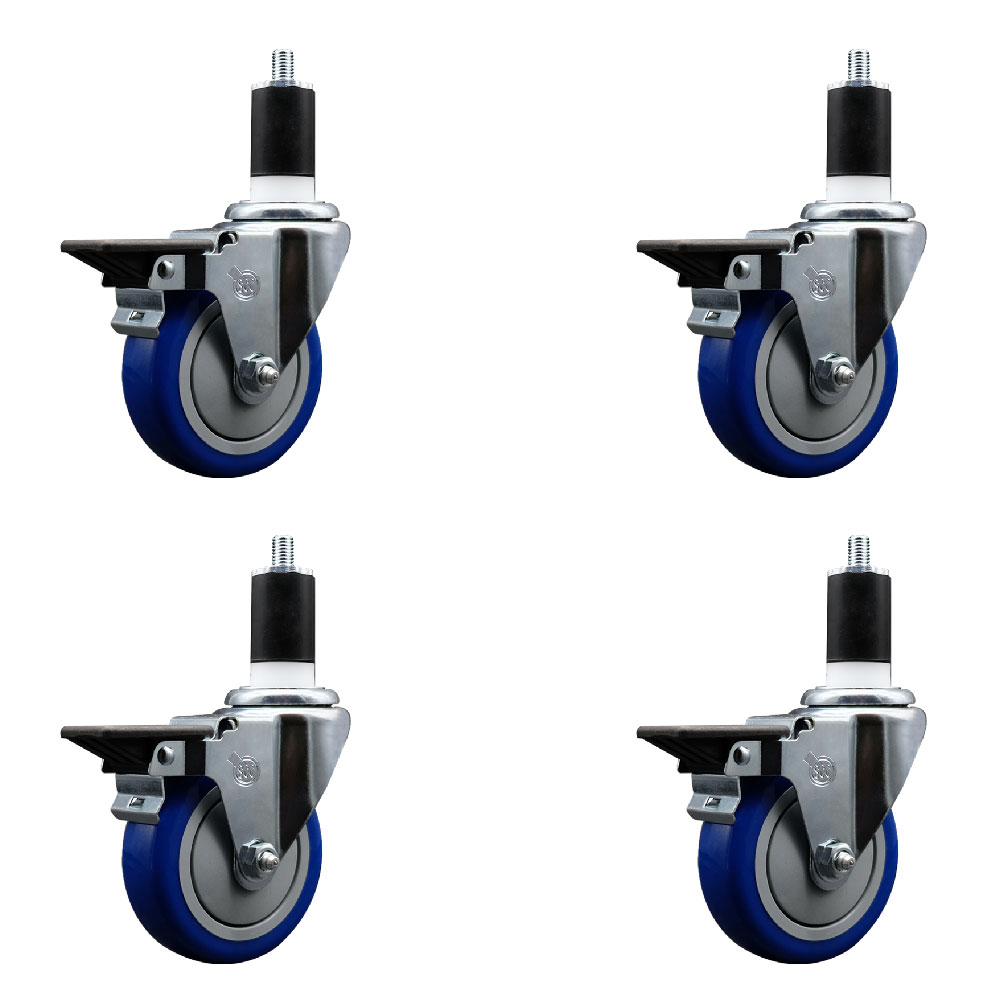 Polyurethane Swivel Expanding Stem Caster Set of 4 with 4 Inch Blue Wheels and 1-1/2" Stems - Includes 4 Swivel with Posi Locking Brakes - 350 lbs. Capacity Per Caster - Service Caster Brand — photo 1