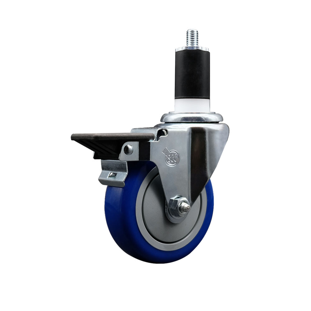 Polyurethane Expanding Stem Swivel Caster with 4 Inch Blue Wheel and 1-1/2" Stem & Posi Locking Brake - 350 lbs. Capacity Per Caster - Service Caster Brand — photo 1