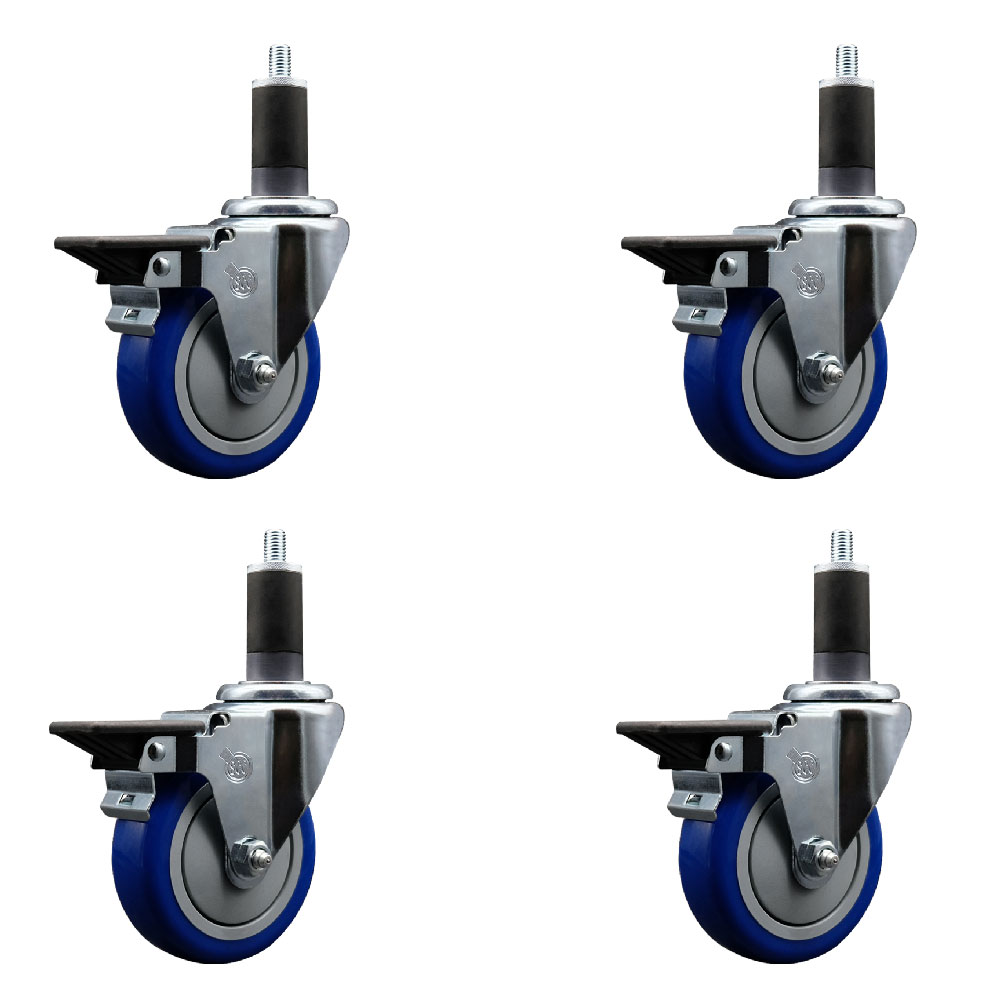 Polyurethane Swivel Expanding Stem Caster Set of 4 with 4 Inch Blue Wheels and 1-1/4" Stems - Includes 4 Swivel with Posi Locking Brakes - 350 lbs. Capacity Per Caster - Service Caster Brand — photo 1