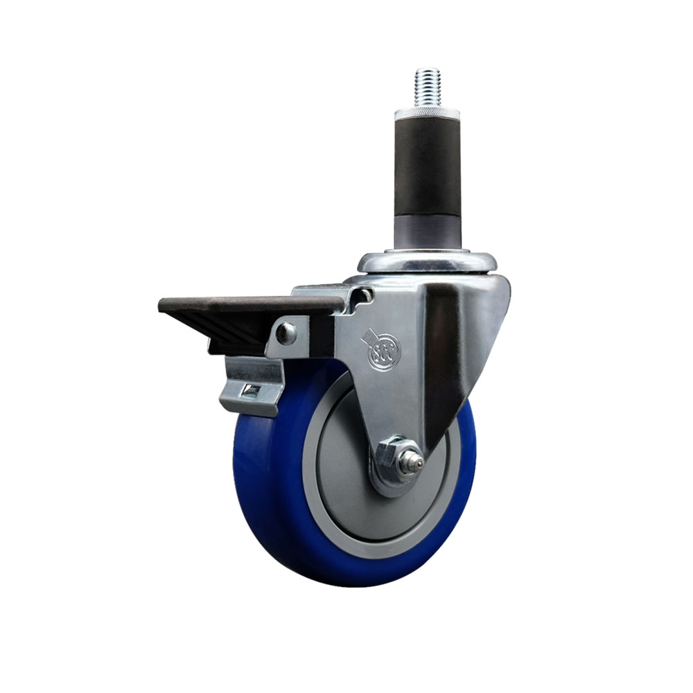 Polyurethane Expanding Stem Swivel Caster with 4 Inch Blue Wheel and 1-1/4" Stem & Posi Locking Brake - 350 lbs. Capacity Per Caster - Service Caster Brand — photo 1