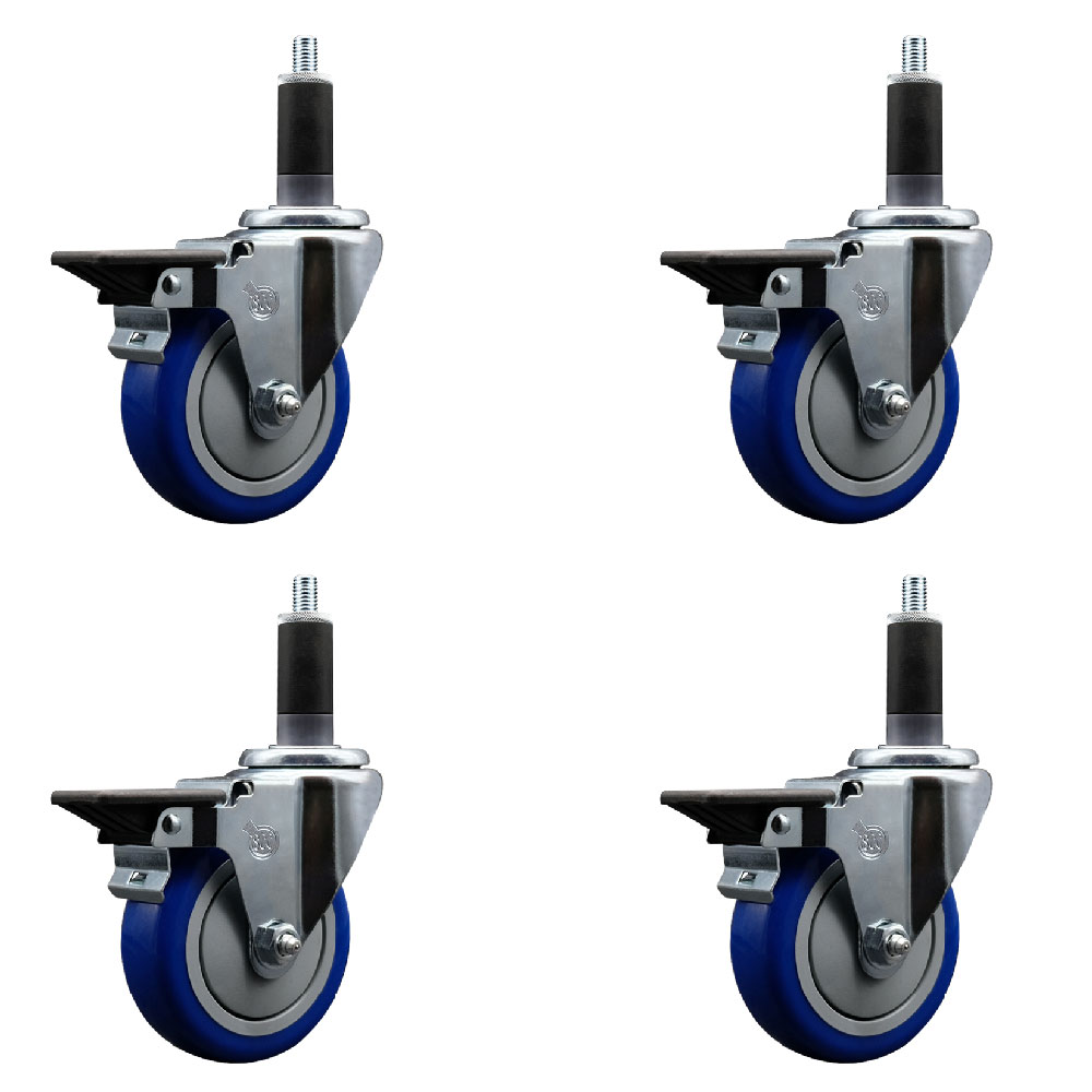 Polyurethane Swivel Expanding Stem Caster Set of 4 with 4 Inch Blue Wheels and 1-1/8" Stems - Includes 4 Swivel with Posi Locking Brakes - 350 lbs. Capacity Per Caster - Service Caster Brand — photo 1