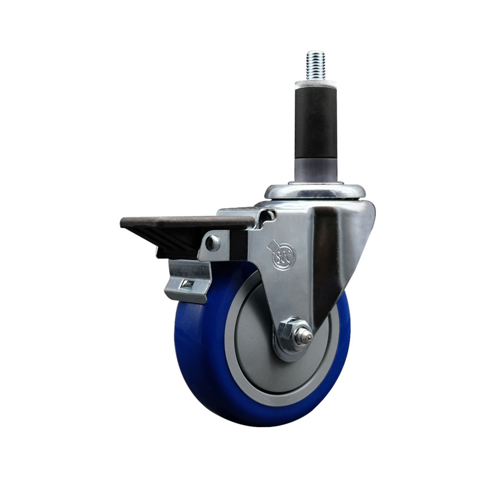 Polyurethane Expanding Stem Swivel Caster with 4 Inch Blue Wheel and 1-1/8" Stem & Posi Locking Brake - 350 lbs. Capacity Per Caster - Service Caster Brand — photo 1