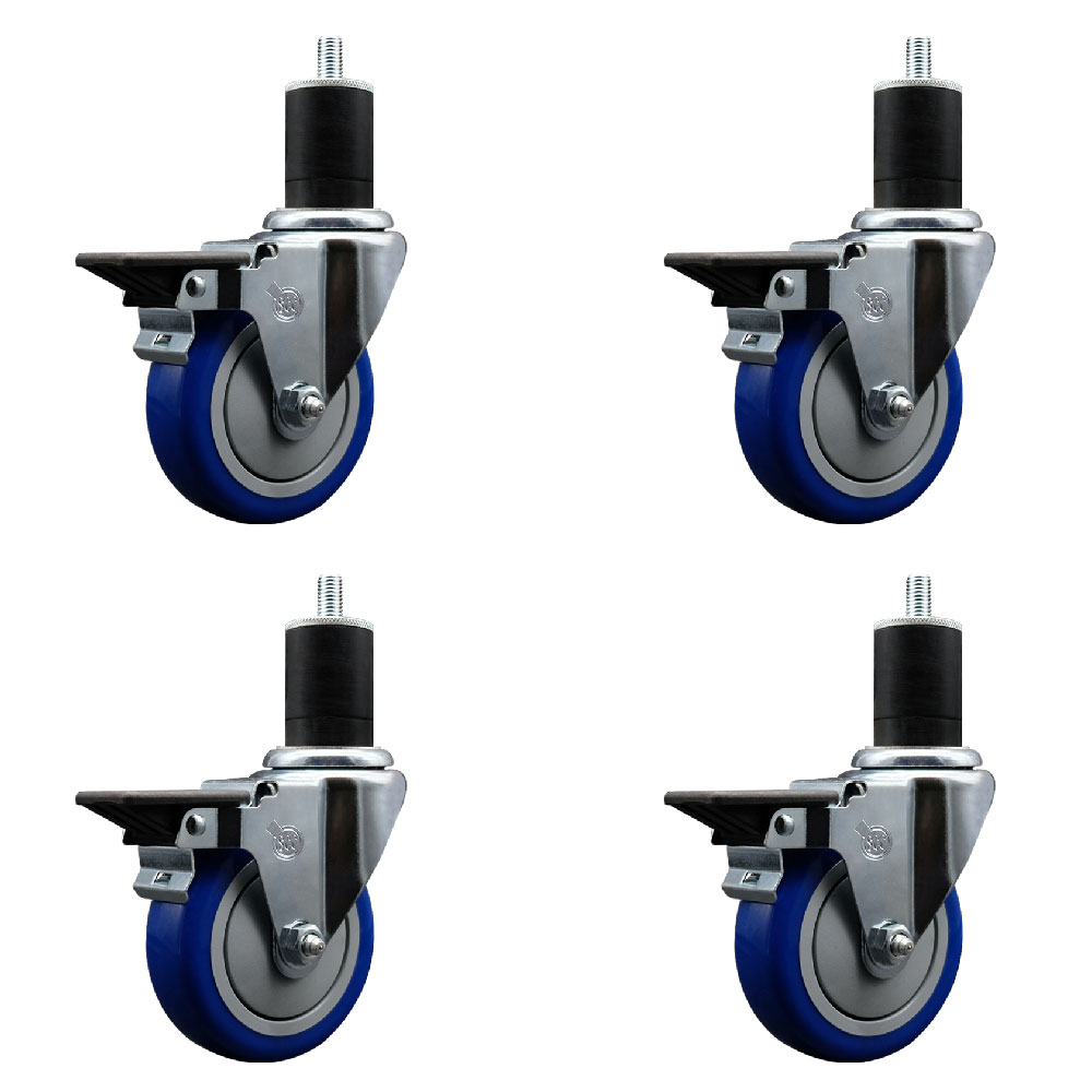 Polyurethane Swivel Expanding Stem Caster Set of 4 with 4 Inch Blue Wheels and 1-3/4" Stems - Includes 4 Swivel with Posi Locking Brakes - 350 lbs. Capacity Per Caster - Service Caster Brand — photo 1