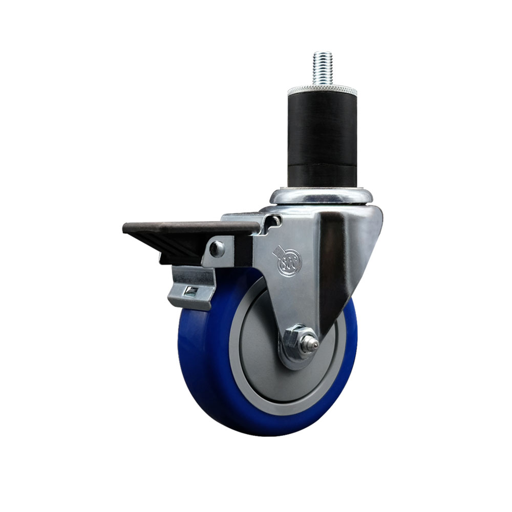 Polyurethane Expanding Stem Swivel Caster with 4 Inch Blue Wheel and 1-3/4" Stem & Posi Locking Brake - 350 lbs. Capacity Per Caster - Service Caster Brand — photo 1