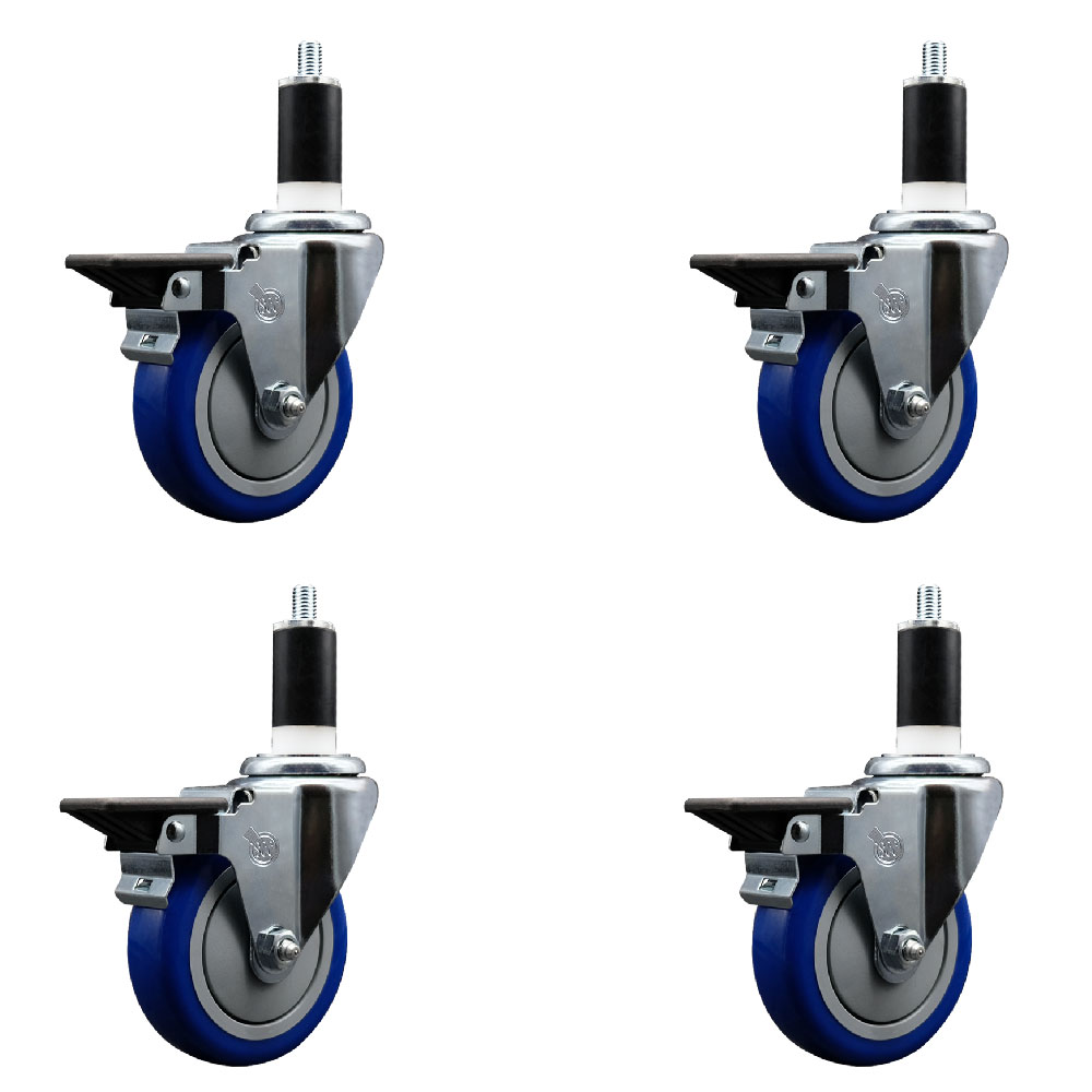 Polyurethane Swivel Expanding Stem Caster Set of 4 with 4 Inch Blue Wheels and 1-3/8" Stems - Includes 4 Swivel with Posi Locking Brakes - 350 lbs. Capacity Per Caster - Service Caster Brand — photo 1