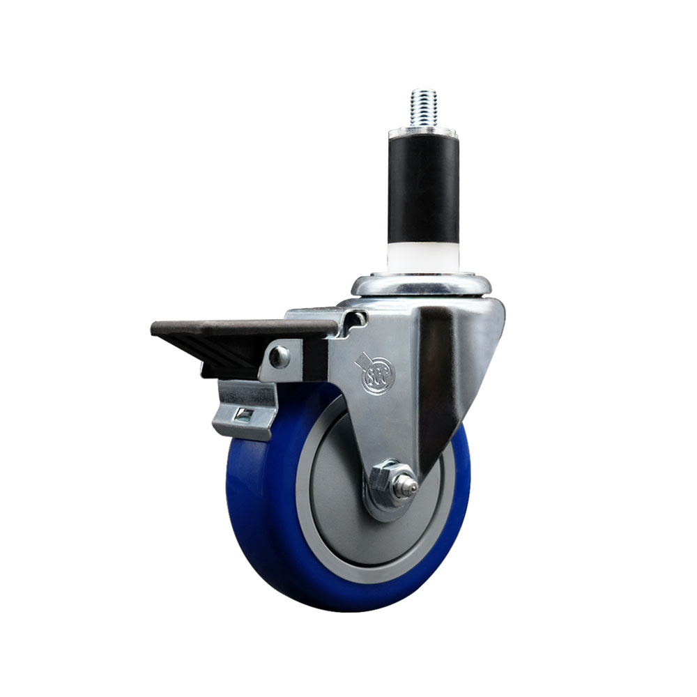 Polyurethane Expanding Stem Swivel Caster with 4 Inch Blue Wheel and 1-3/8" Stem & Posi Locking Brake - 350 lbs. Capacity Per Caster - Service Caster Brand — photo 1