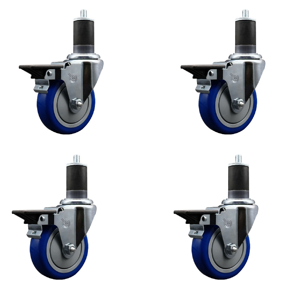 Polyurethane Swivel Expanding Stem Caster Set of 4 with 4 Inch Blue Wheels and 1-5/8" Stems - Includes 4 Swivel with Posi Locking Brakes - 350 lbs. Capacity Per Caster - Service Caster Brand — photo 1