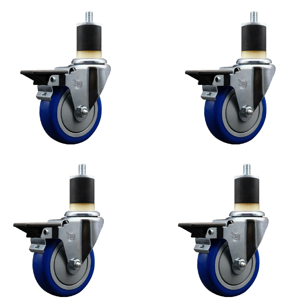 Polyurethane Swivel Expanding Stem Caster Set of 4 with 4 Inch Blue Wheels and 1-7/8" Stems - Includes 4 Swivel with Posi Locking Brakes - 350 lbs. Capacity Per Caster - Service Caster Brand — photo 1