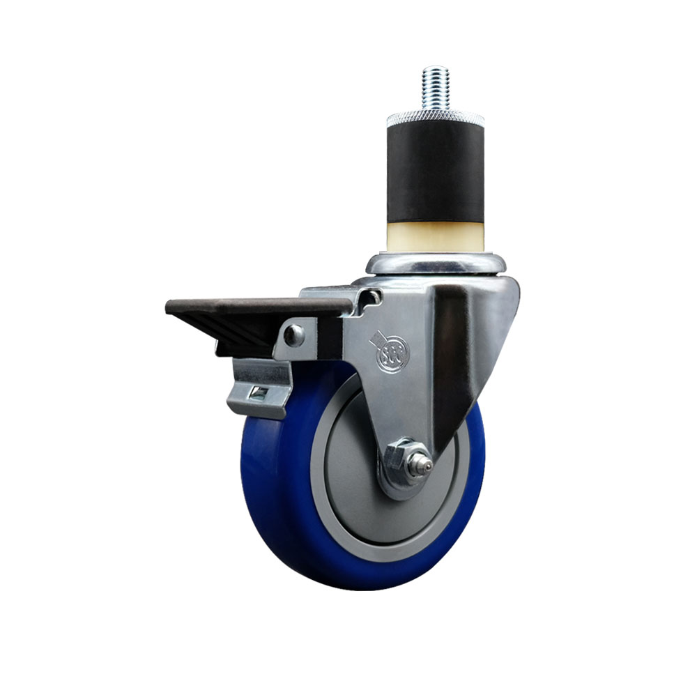 Polyurethane Expanding Stem Swivel Caster with 4 Inch Blue Wheel and 1-7/8" Stem & Posi Locking Brake - 350 lbs. Capacity Per Caster - Service Caster Brand — photo 1