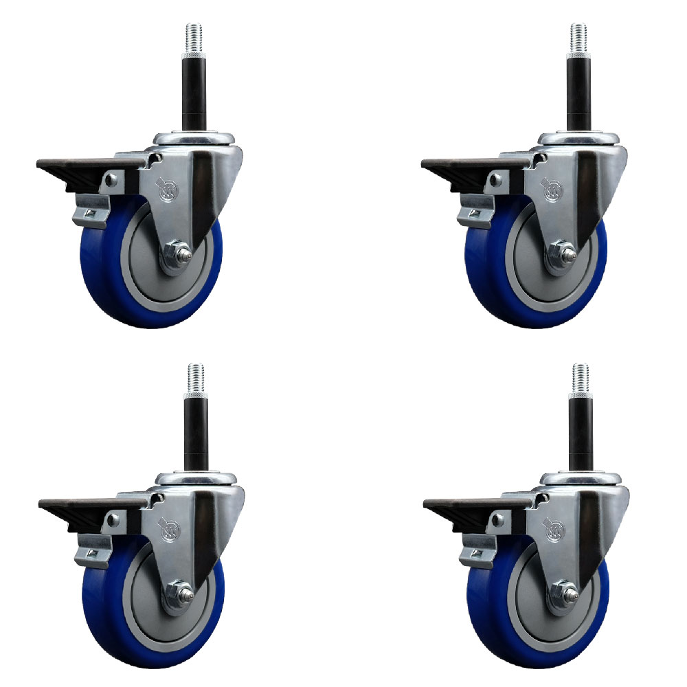 Polyurethane Swivel Expanding Stem Caster Set of 4 with 4 Inch Blue Wheels and 3/4" Stems - Includes 4 Swivel with Posi Locking Brakes - 350 lbs. Capacity Per Caster - Service Caster Brand — photo 1