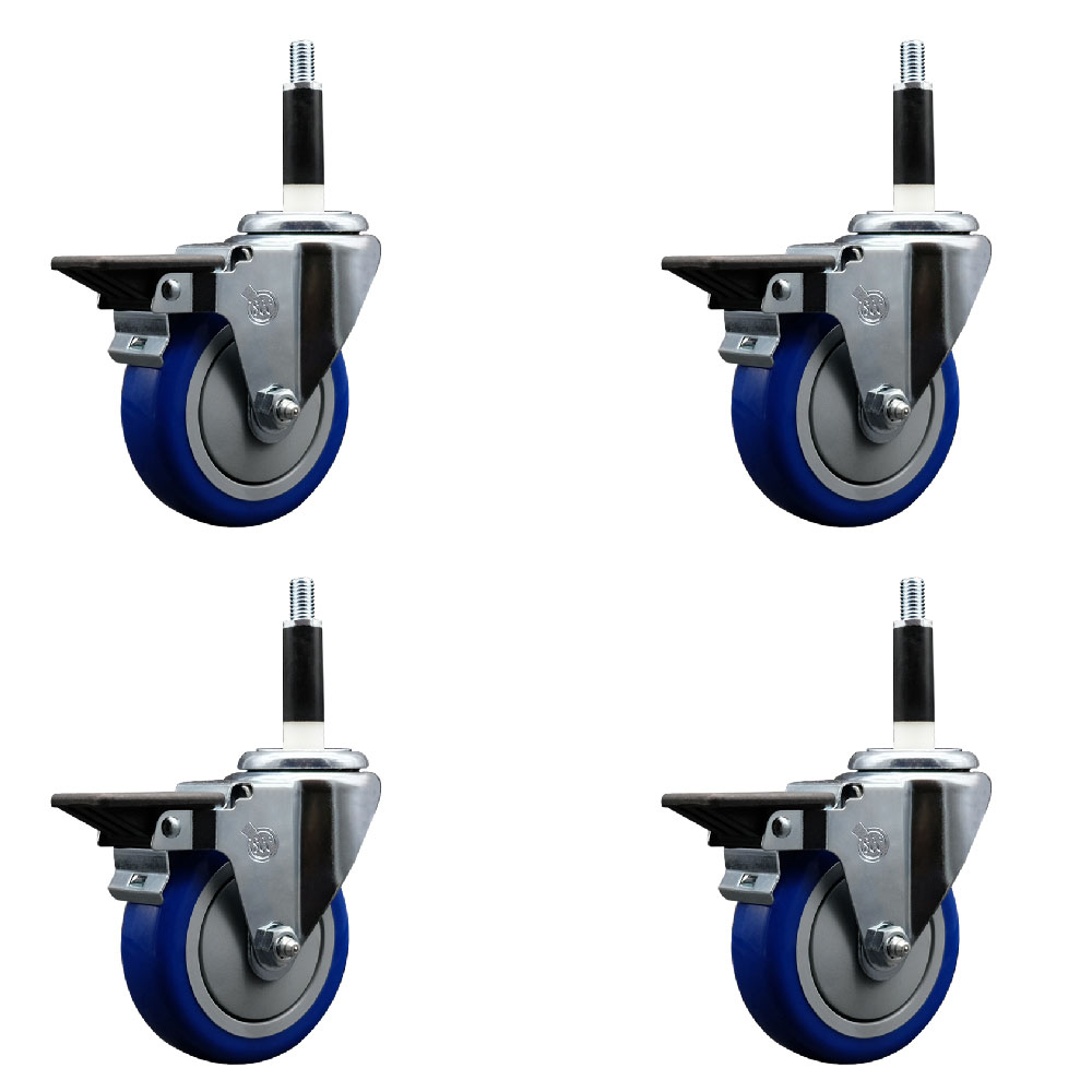 Polyurethane Swivel Expanding Stem Caster Set of 4 with 4 Inch Blue Wheels and 7/8" Stems - Includes 4 Swivel with Posi Locking Brakes - 350 lbs. Capacity Per Caster - Service Caster Brand — photo 1