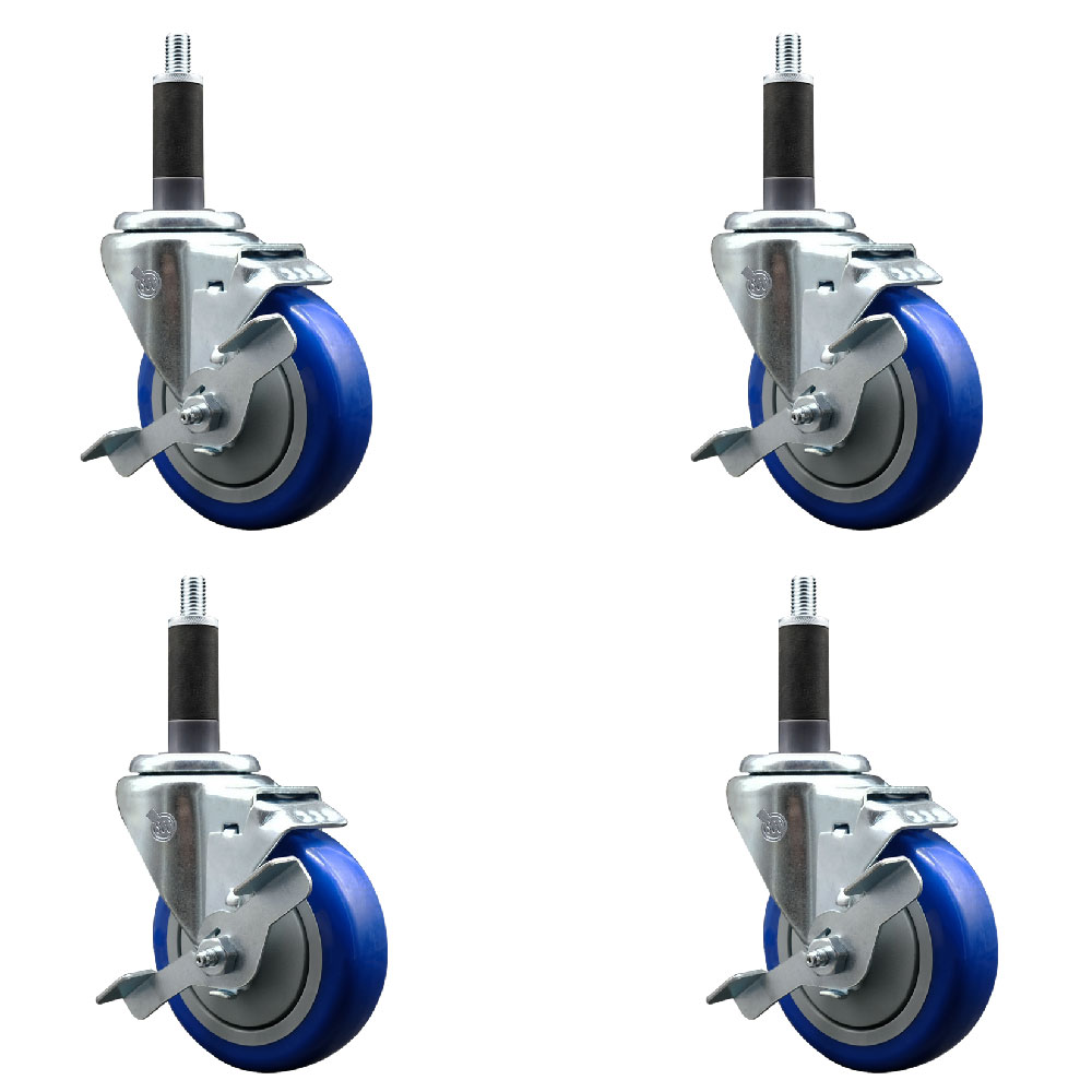 Stainless Steel Polyurethane Swivel Expanding Stem Caster Set of 4 with 4 Inch Blue Wheels and 1" Stems - 4 Swivel with Top Locking Brakes - 350 lbs. Capacity Per Caster - Service Caster Brand — photo 1