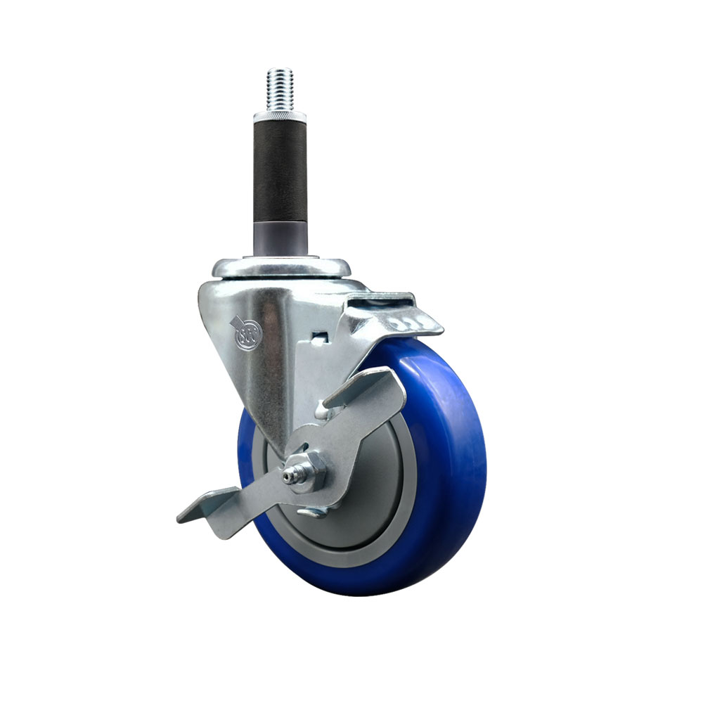 Polyurethane Expanding Stem Swivel Caster with 4 Inch Blue Wheel and 1" Stem & Top Locking Brake - 350 lbs. Capacity Per Caster - Service Caster Brand — photo 1