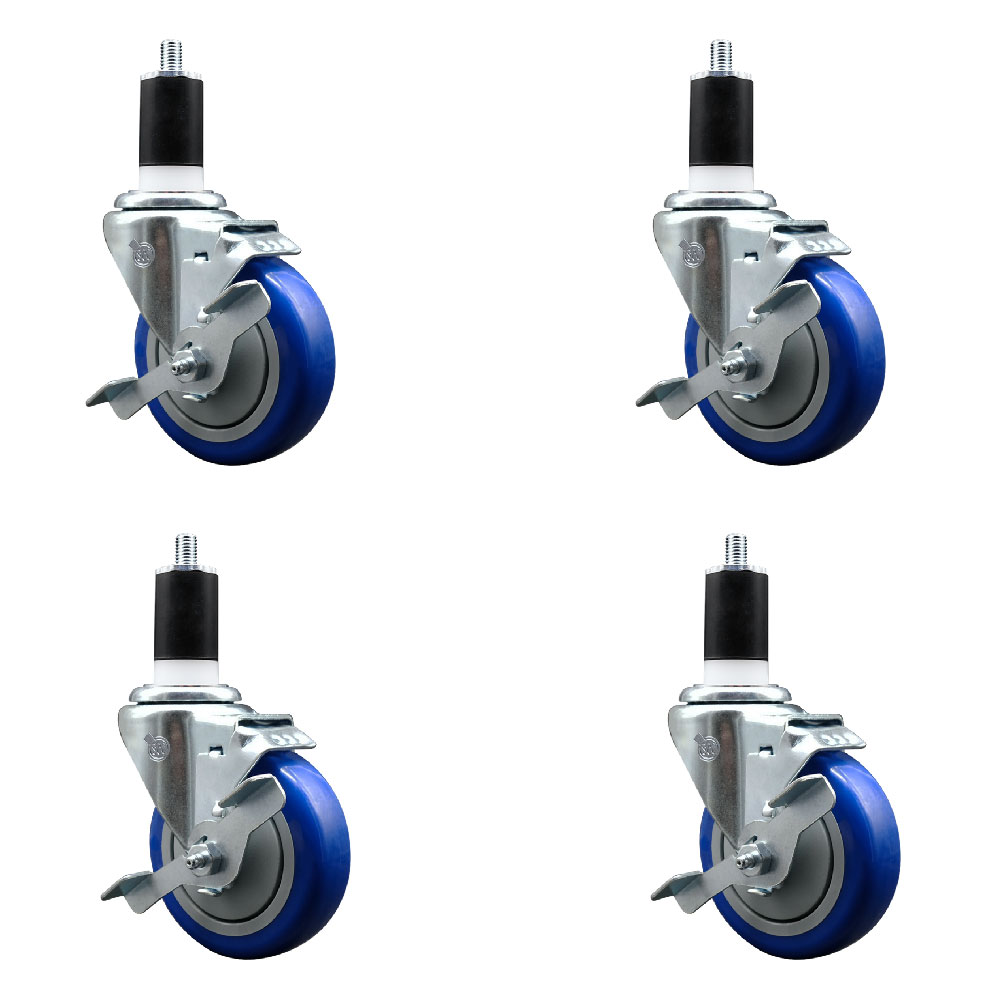 Service Caster Brand Replacement Set for Uline Casters - Swivel 1-1/2 Inch Expanding Stem Casters with 4 Inch Blue Polyurethane Wheel-Includes 4 Swivel Casters and Brakes - Fits Uline Worktable H-5746