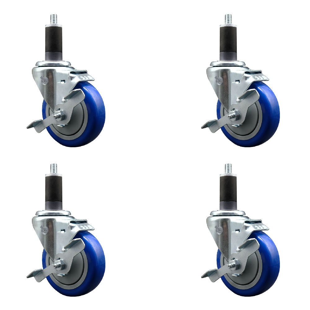 Stainless Steel Polyurethane Swivel Expanding Stem Caster Set of 4 with 4 Inch Blue Wheels and 1-1/4" Stems - 4 Swivel with Top Locking Brakes - 350 lbs. Capacity Per Caster - Service Caster Brand — photo 1