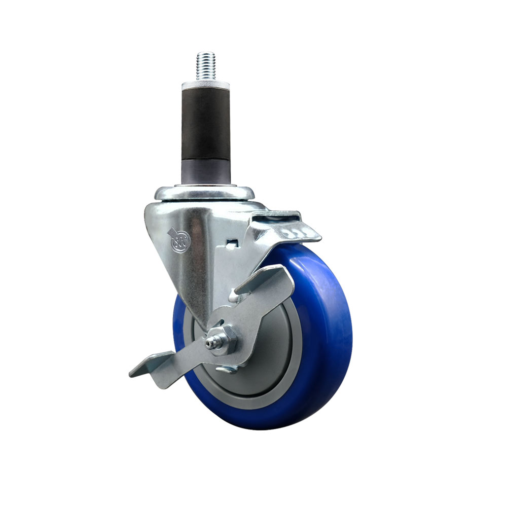 Stainless Steel Polyurethane Expanding Stem Swivel Caster with 4 Inch Blue Wheel and 1-1/4" Stem & Top Locking Brake - 350 lbs. Capacity Per Caster - Service Caster Brand — photo 1