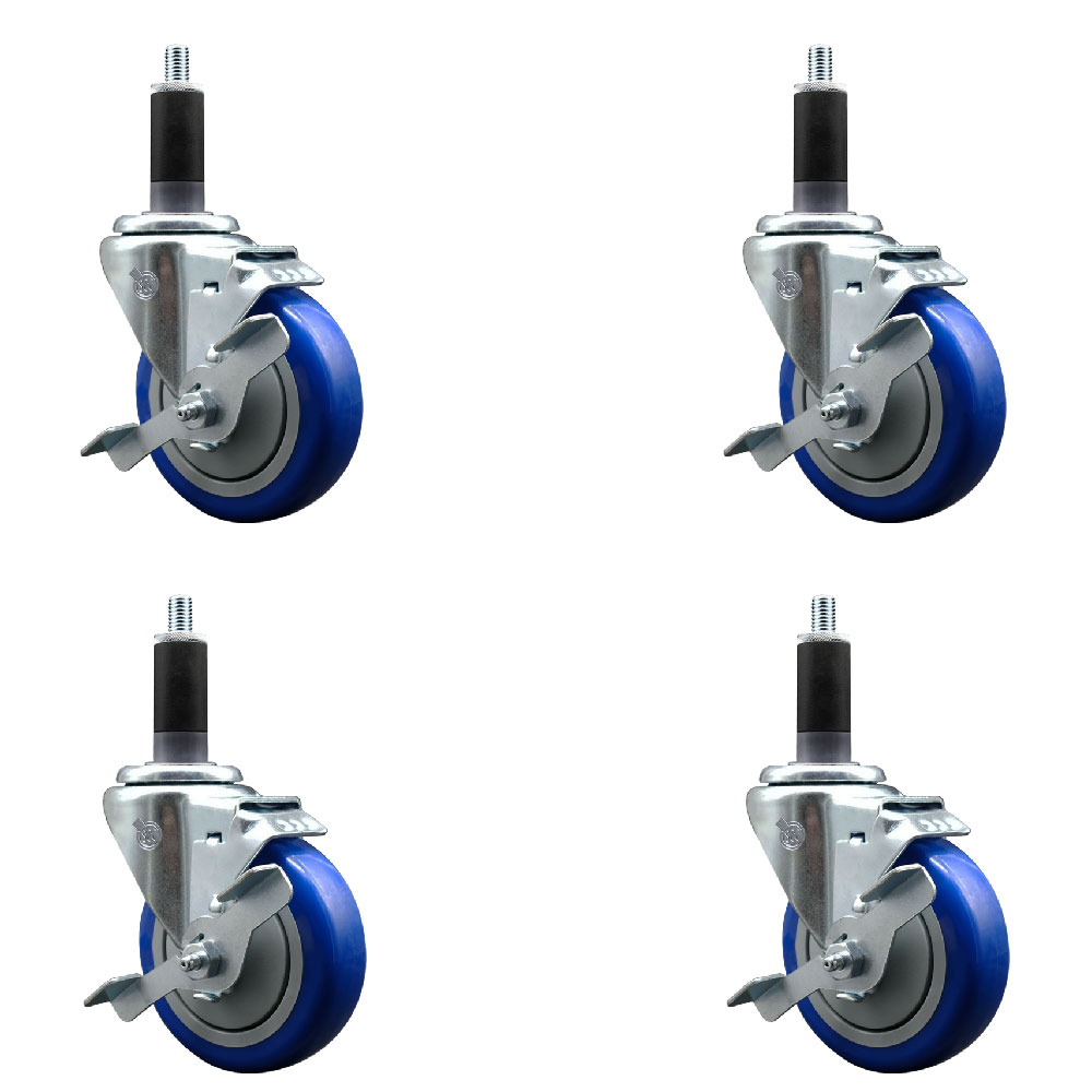 Stainless Steel Polyurethane Swivel Expanding Stem Caster Set of 4 with 4 Inch Blue Wheels and 1-1/8" Stems - 4 Swivel with Top Locking Brakes - 350 lbs. Capacity Per Caster - Service Caster Brand — photo 1