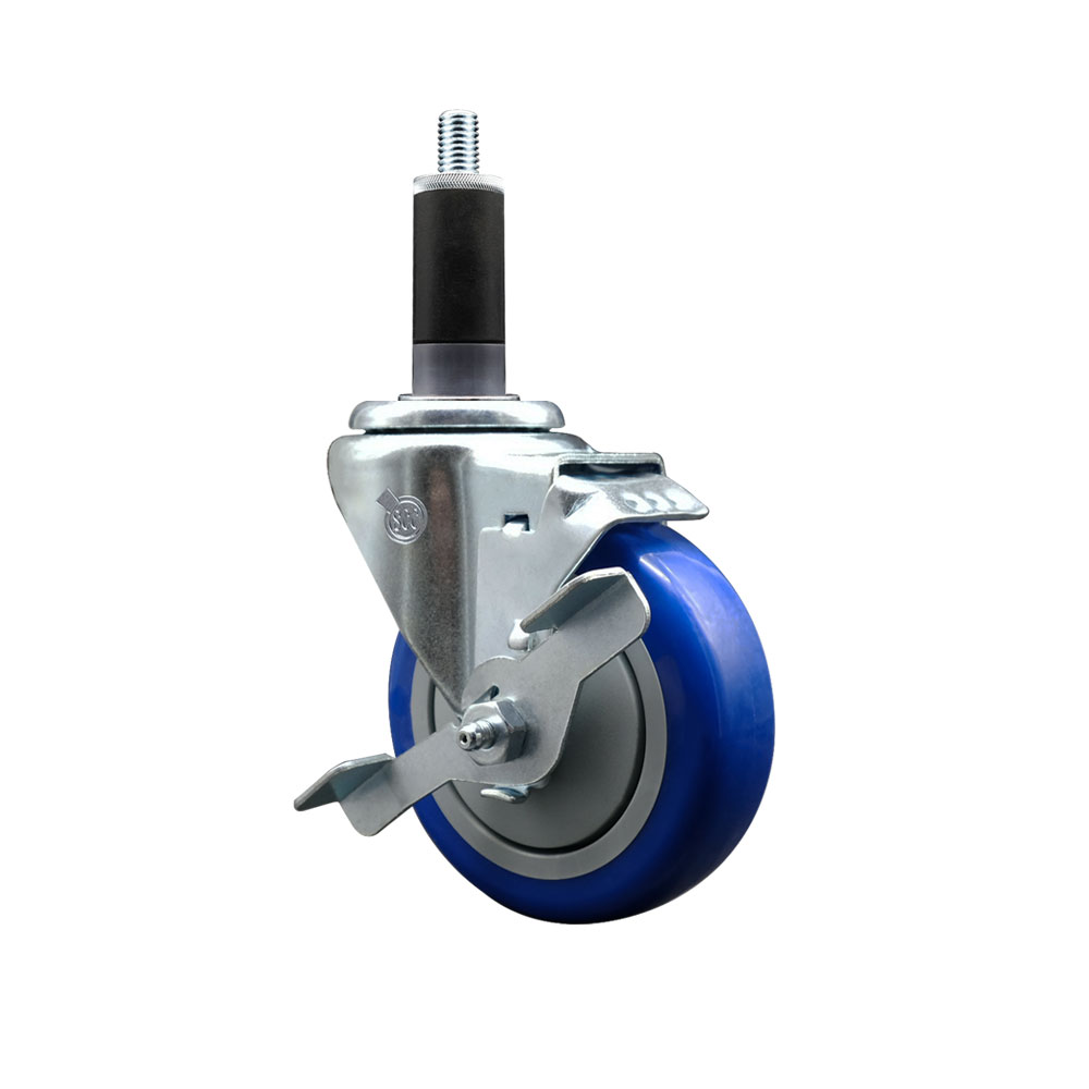 Polyurethane Expanding Stem Swivel Caster with 4 Inch Blue Wheel and 1-1/8" Stem & Top Locking Brake - 350 lbs. Capacity Per Caster - Service Caster Brand — photo 1