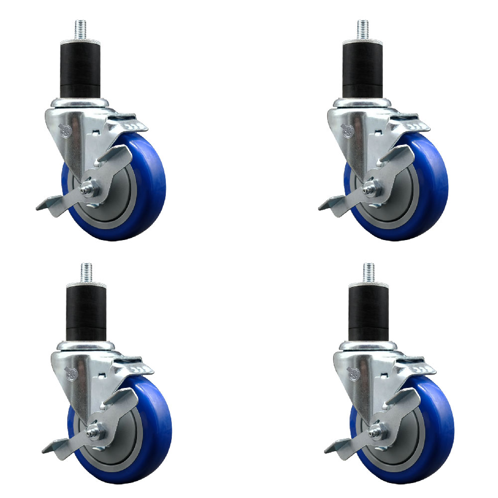 Stainless Steel Polyurethane Swivel Expanding Stem Caster Set of 4 with 4 Inch Blue Wheels and 1-3/4" Stems - 4 Swivel with Top Locking Brakes - 350 lbs. Capacity Per Caster - Service Caster Brand — photo 1