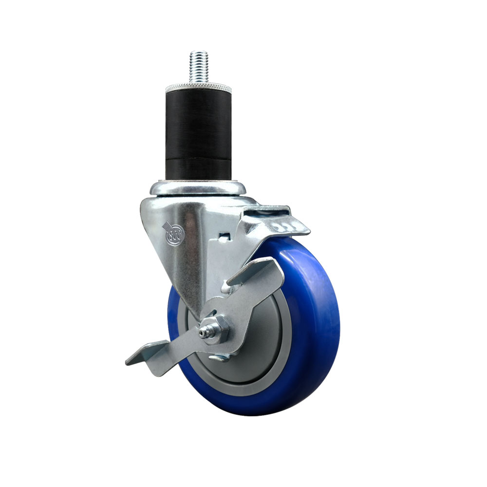Polyurethane Expanding Stem Swivel Caster with 4 Inch Blue Wheel and 1-3/4" Stem & Top Locking Brake - 350 lbs. Capacity Per Caster - Service Caster Brand — photo 1