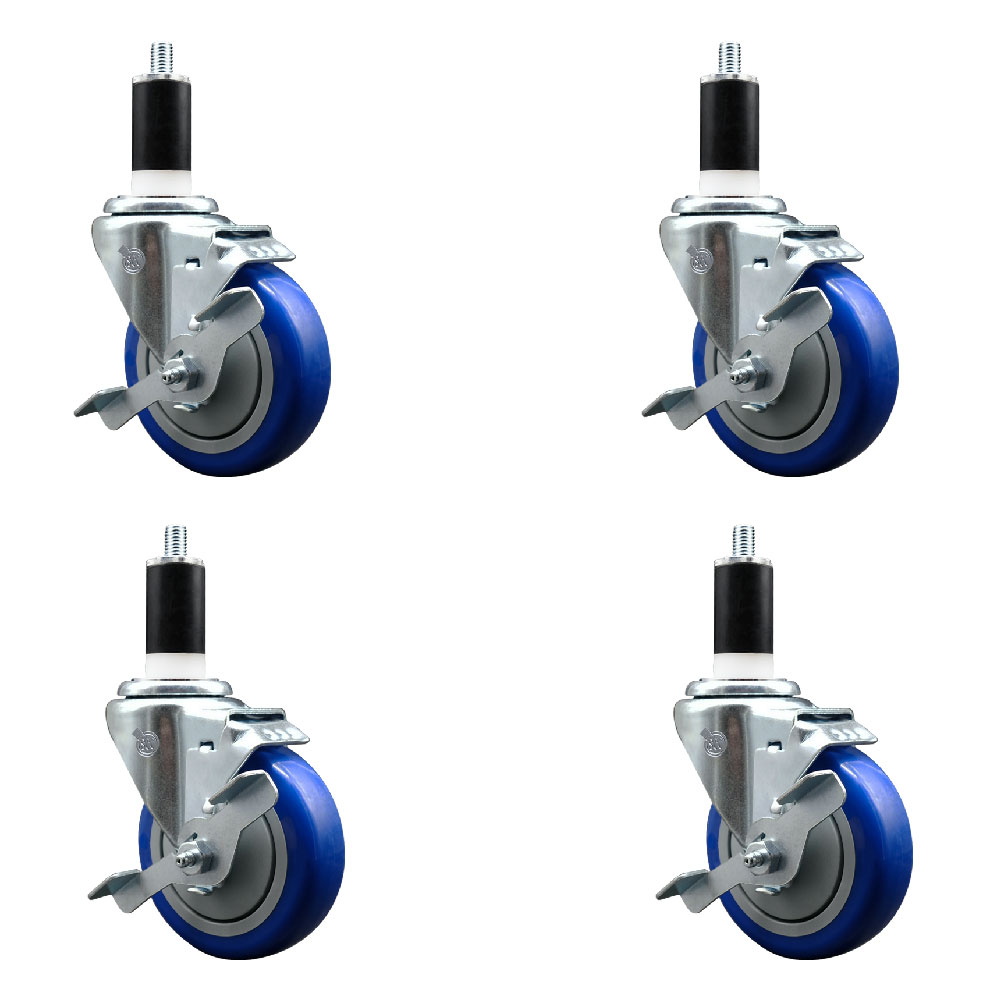 Stainless Steel Polyurethane Swivel Expanding Stem Caster Set of 4 with 4 Inch Blue Wheels and 1-3/8" Stems - 4 Swivel with Top Locking Brakes - 350 lbs. Capacity Per Caster - Service Caster Brand — photo 1