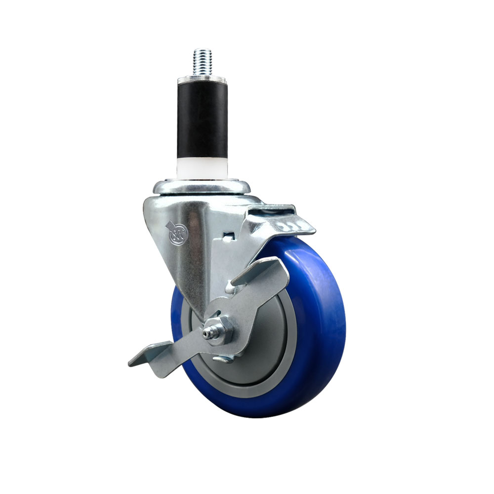Stainless Steel Polyurethane Expanding Stem Swivel Caster with 4 Inch Blue Wheel and 1-3/8" Stem & Top Locking Brake - 350 lbs. Capacity Per Caster - Service Caster Brand — photo 1