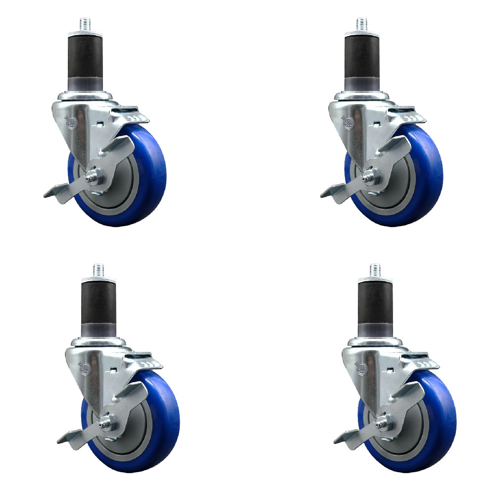 Polyurethane Swivel Expanding Stem Caster Set of 4 with 4 Inch Blue Wheels and 1-5/8" Stems - Includes 4 Swivel with Top Locking Brakes - 350 lbs. Capacity Per Caster - Service Caster Brand — photo 1