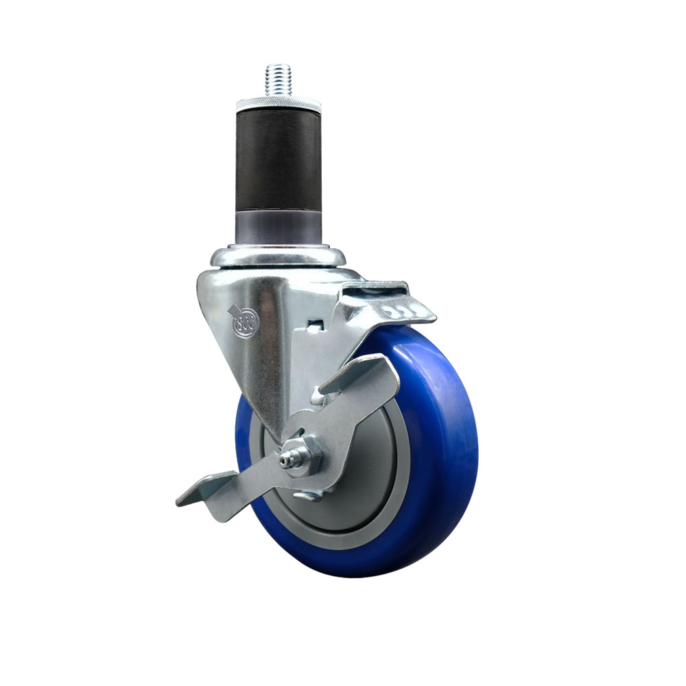 Polyurethane Expanding Stem Swivel Caster with 4 Inch Blue Wheel and 1-5/8" Stem & Top Locking Brake - 350 lbs. Capacity Per Caster - Service Caster Brand — photo 1