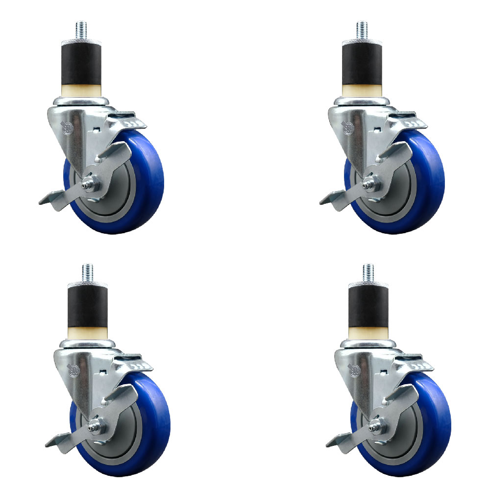Polyurethane Swivel Expanding Stem Caster Set of 4 with 4 Inch Blue Wheels and 1-7/8" Stems - Includes 4 Swivel with Top Locking Brakes - 350 lbs. Capacity Per Caster - Service Caster Brand — photo 1