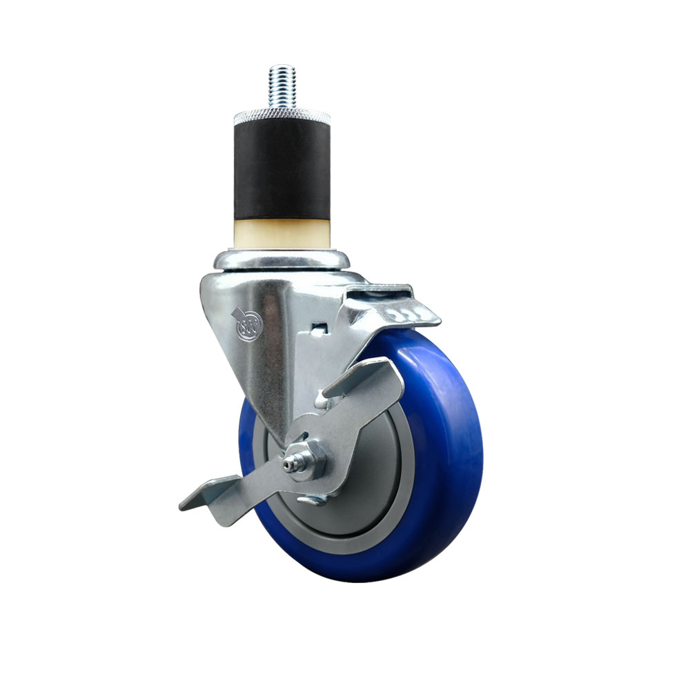 Stainless Steel Polyurethane Expanding Stem Swivel Caster with 4 Inch Blue Wheel and 1-7/8" Stem & Top Locking Brake - 350 lbs. Capacity Per Caster - Service Caster Brand — photo 1
