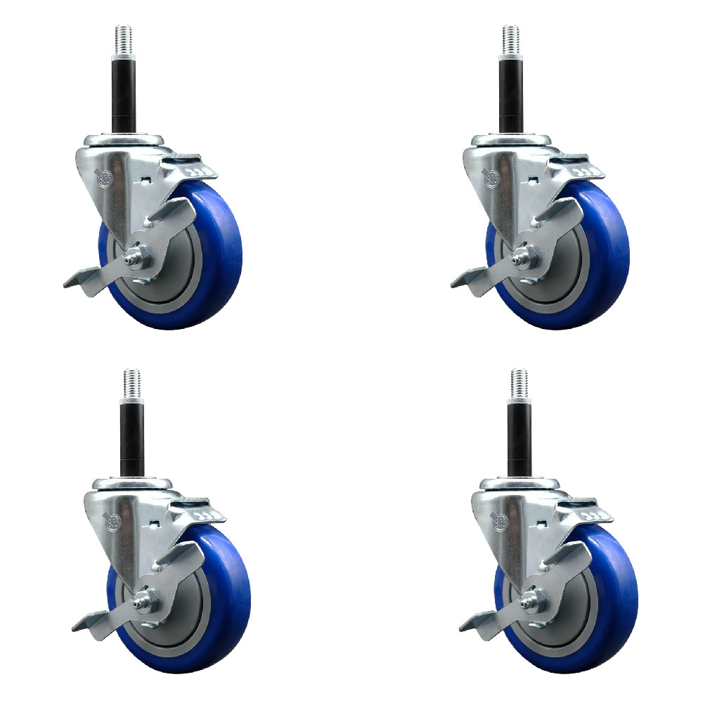 Stainless Steel Polyurethane Swivel Expanding Stem Caster Set of 4 with 4 Inch Blue Wheels and 3/4" Stems - 4 Swivel with Top Locking Brakes - 350 lbs. Capacity Per Caster - Service Caster Brand — photo 1