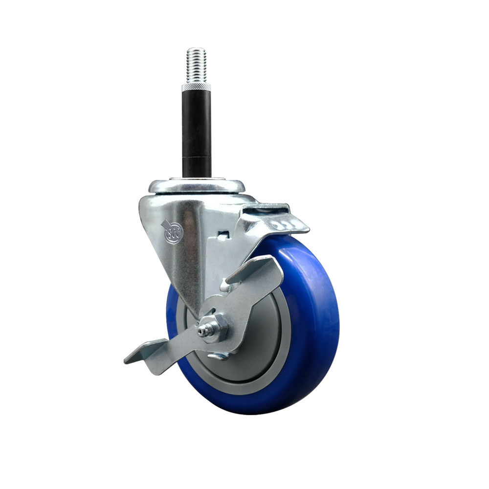 Stainless Steel Polyurethane Expanding Stem Swivel Caster with 4 Inch Blue Wheel and 3/4" Stem & Top Locking Brake - 350 lbs. Capacity Per Caster - Service Caster Brand — photo 1