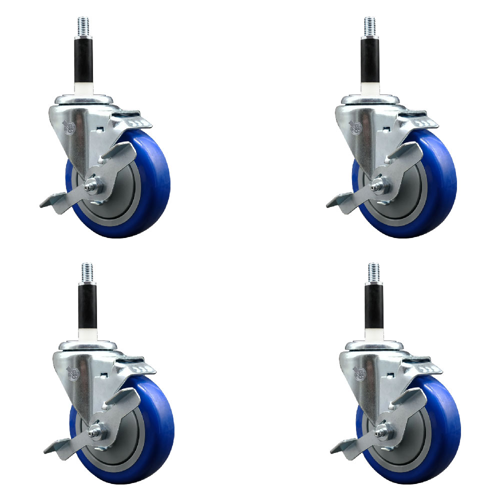 Polyurethane Swivel Expanding Stem Caster Set of 4 with 4 Inch Blue Wheels and 7/8" Stems - Includes 4 Swivel with Top Locking Brakes - 350 lbs. Capacity Per Caster - Service Caster Brand — photo 1