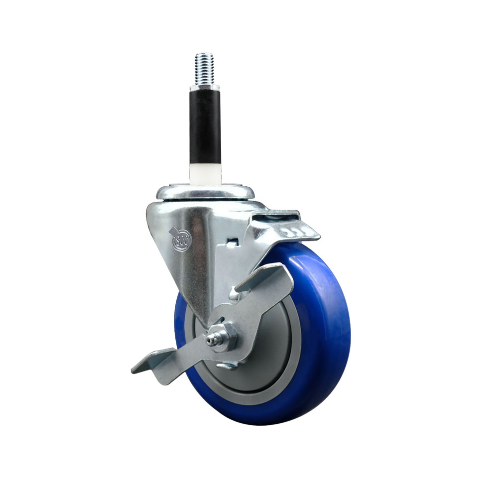 Polyurethane Expanding Stem Swivel Caster with 4 Inch Blue Wheel and 7/8" Stem & Top Locking Brake - 350 lbs. Capacity Per Caster - Service Caster Brand — photo 1