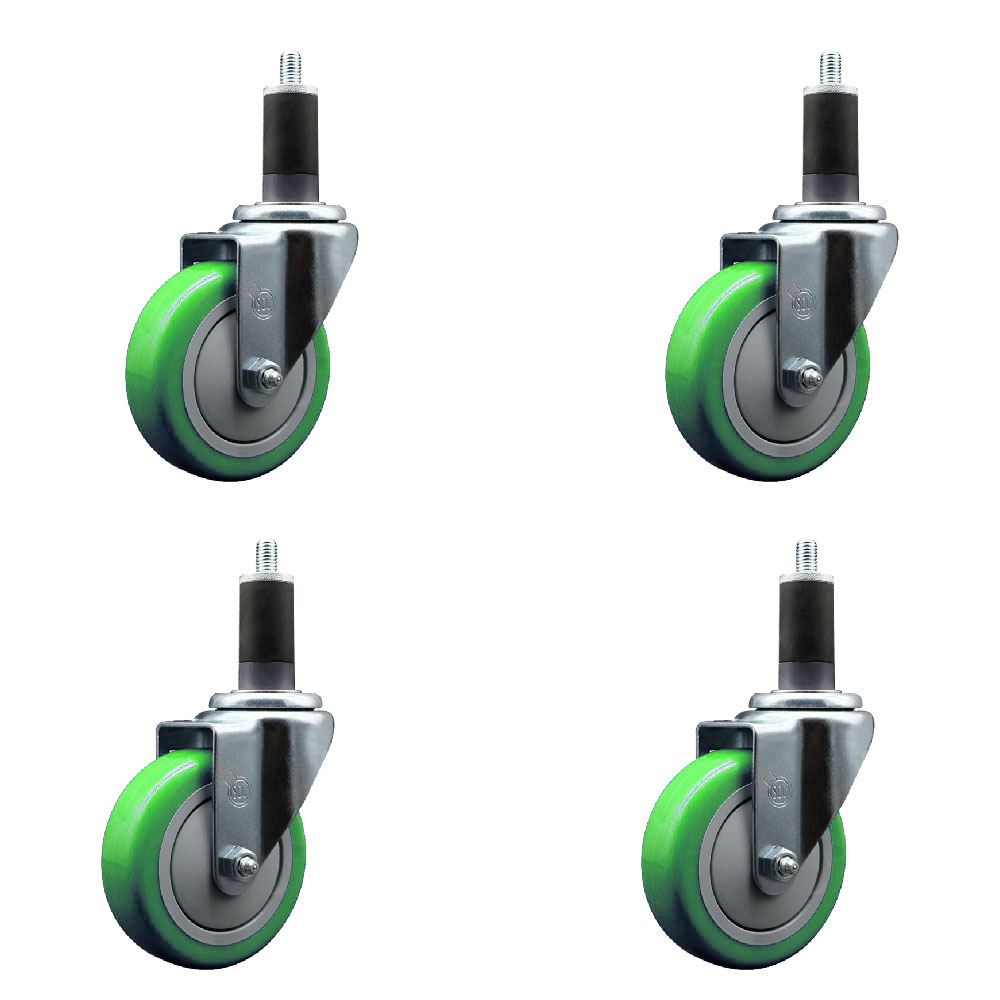 Stainless Steel Polyurethane Swivel Expanding Stem Caster Set of 4 with 4 Inch Green Wheels and 1-1/4" Stems - Includes 4 Swivel - 350 lbs. Capacity Per Caster - Service Caster Brand — photo 1