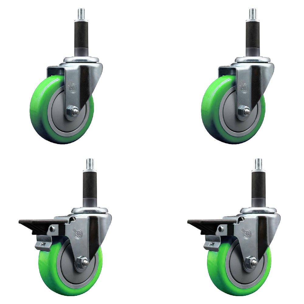 Polyurethane Swivel Expanding Stem Caster Set of 4 with 4 Inch Green Wheels and 1" Stems - Includes 2 with Posi Locking Brakes - 1400 lbs Total Capacity - Service Caster Brand — photo 1