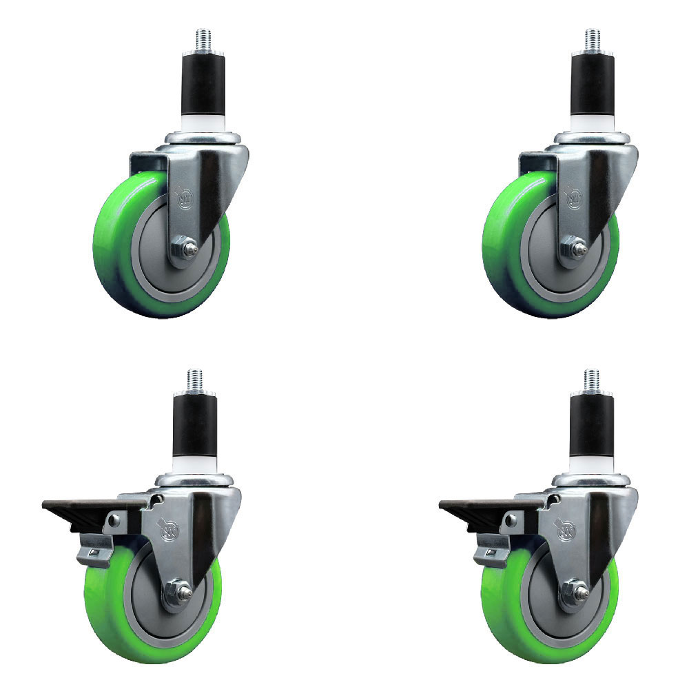 Polyurethane Swivel Expanding Stem Caster Set of 4 with 4 Inch Green Wheels and 1-1/2" Stems - Includes 2 with Posi Locking Brakes - 1400 lbs Total Capacity - Service Caster Brand — photo 1
